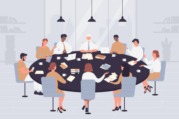 illustration of seven people sitting around a table