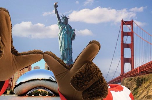 Wisconsin gestures with different city's landmarks.