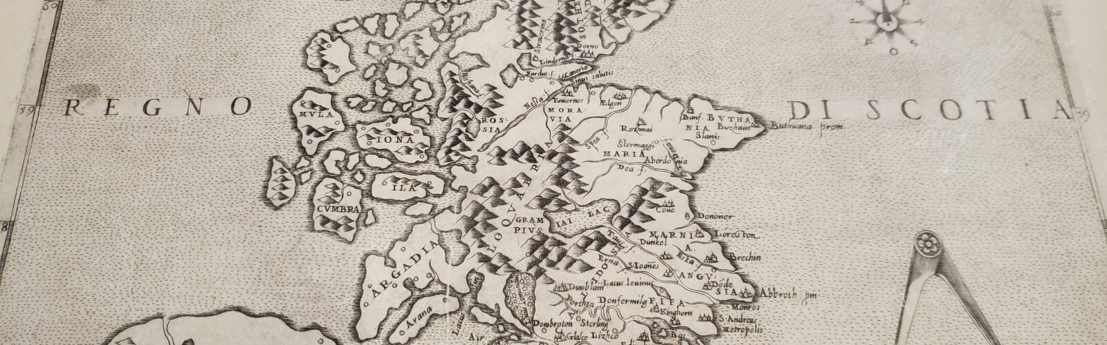 Older black and white map of Scotland that displays mountains and regional names