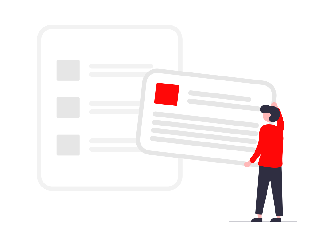 An illustration of a man standing in front of a post list wall.