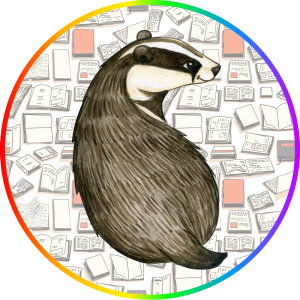 Badger in front of books with rainbow outline
