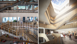 Split view of building in progress and rendering