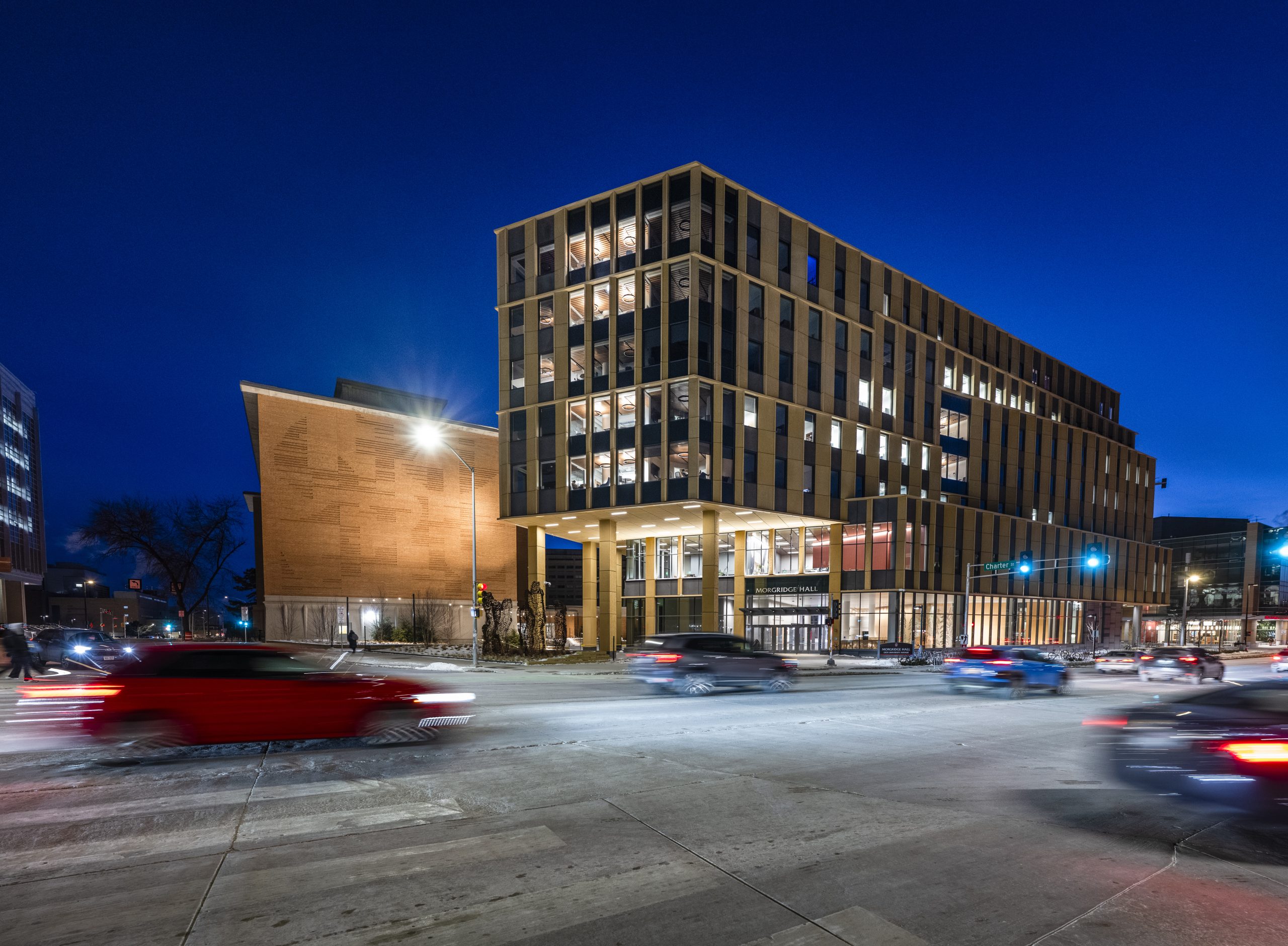 Morgridge Hall exterior at night